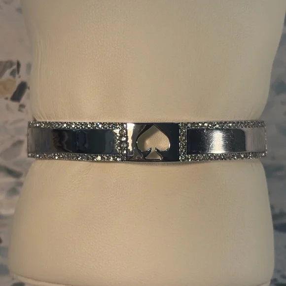 Kate Spade Silver Tone Crystal Spade Bangle Bracelet Hinged Cuff - Picture 1 of 4